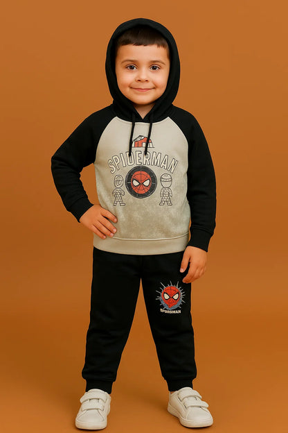 Kids Winter Hoodie – Black & White Spider Hero Graphic 2pc