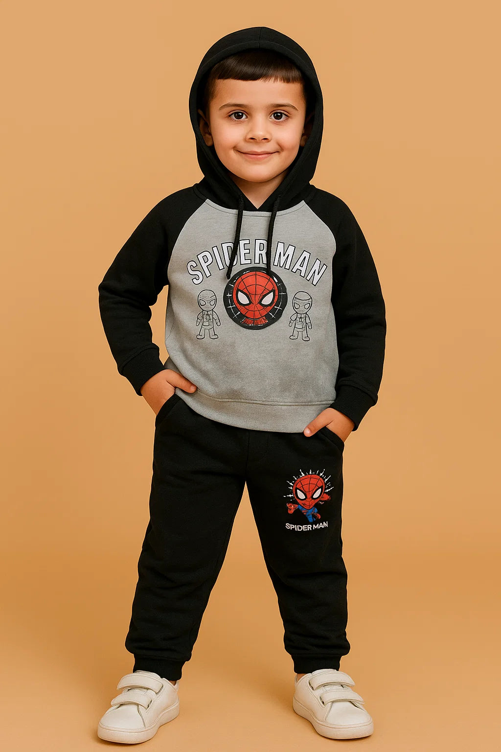 Kids Winter Hoodie – Black & White Spider Hero Graphic 2pc