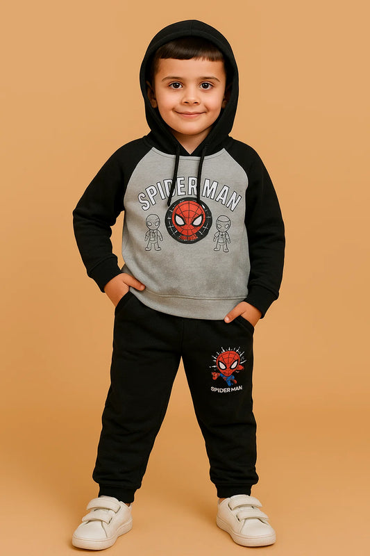 Kids Winter Hoodie – Black & White Spider Hero Graphic 2pc