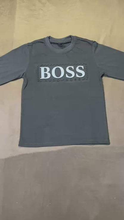 Kids Winter Long-Sleeve Tee – Black “Boss” Print  | Warm & Comfy