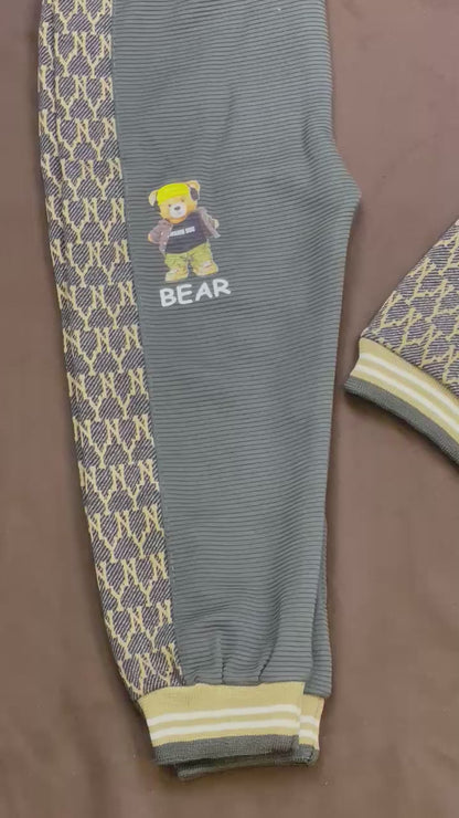 Kids Winter Hoodie – Army Green Bear Graphic with Patterned Hood Gray Color