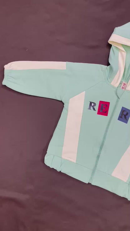 Girls Zip-Up Hoodie – Mint Green Colorblock Jacket 2PC