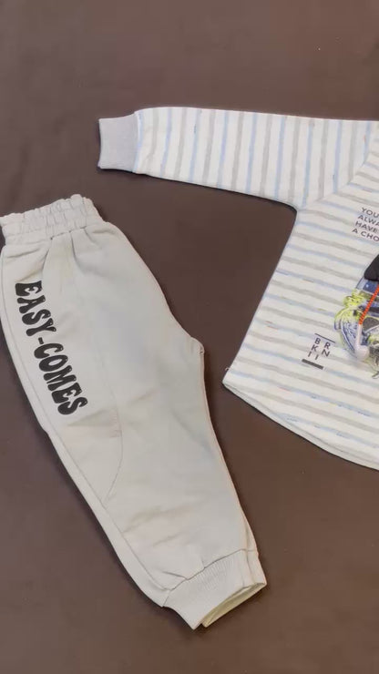 Boys 2-Piece Striped Tee  Set – “EASY COMES” 3D Earphone Appliqué
