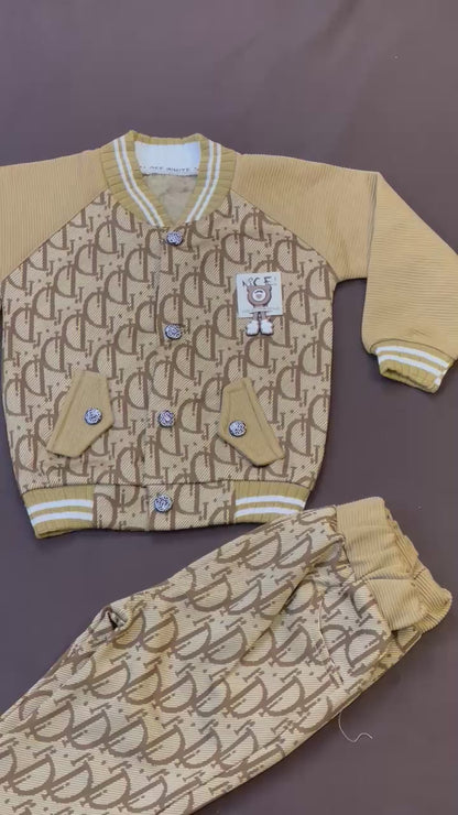 Boys Mustard Monogram Bomber Set (3-Piece: Jacket Shirt & Short)
