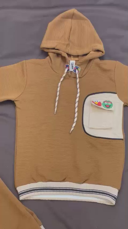 Kids Winter Hoodie – Caramel Patch-Pocket Sweatshirt 2Pc