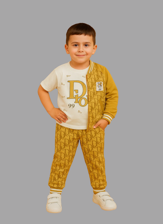Boys Mustard Monogram Bomber Set (3-Piece: Jacket Shirt & Short)