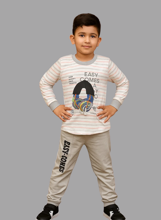 Boys 2-Piece Striped Tee  Set – “EASY COMES” 3D Earphone Appliqué