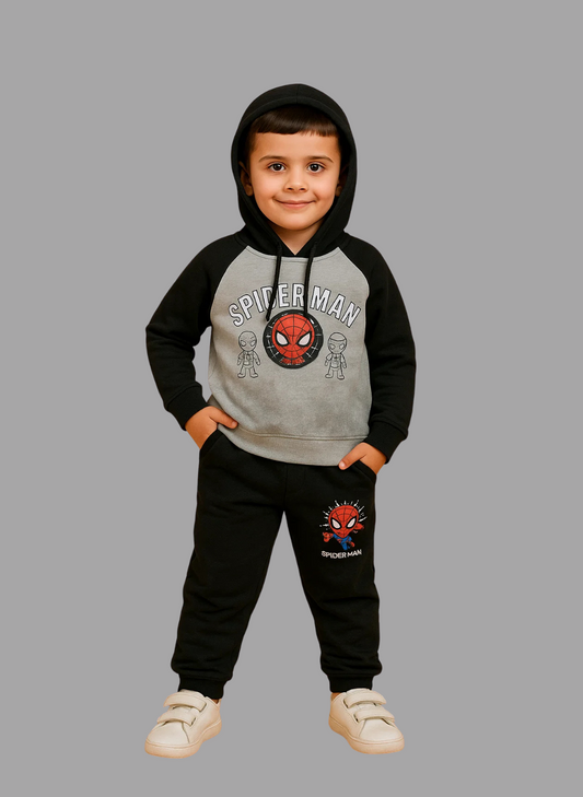 Kids Winter Hoodie – Black & White Spider Hero Graphic 2pc