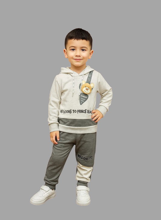 Kids Winter Hoodie – Grey Teddy Patch Sweatshirt 2Pc