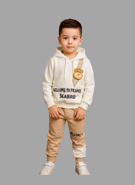 Kids Winter Hoodie – White Teddy Strap Patch Sweatshirt 2Pc