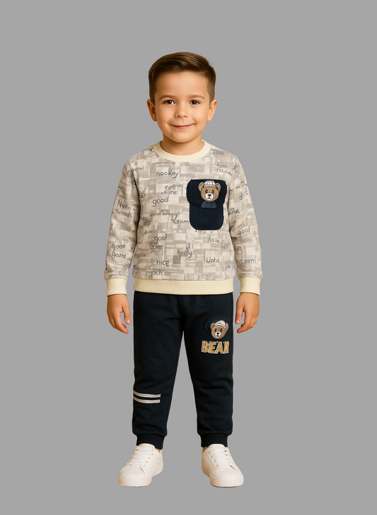 Kids Sweatshirt  Set – Grey Print Top with Utility Pocket