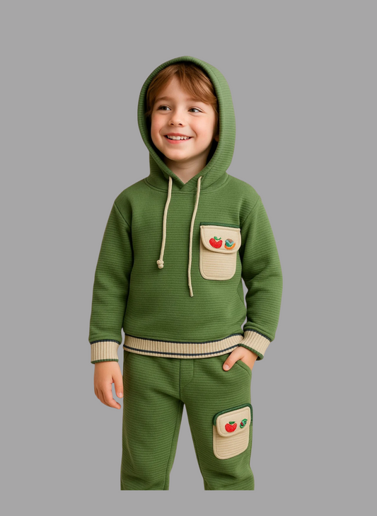 Kids Winter Hoodie – Olive Green Patch-Pocket Sweatshirt