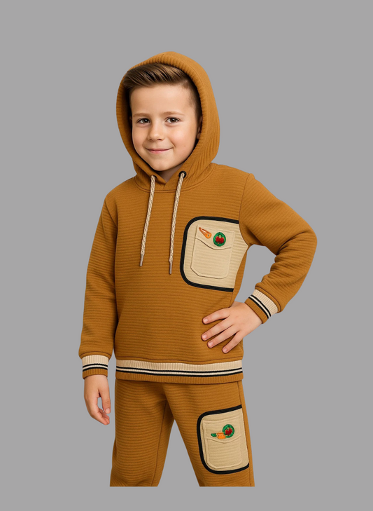 Kids Winter Hoodie – Caramel Patch-Pocket Sweatshirt 2Pc
