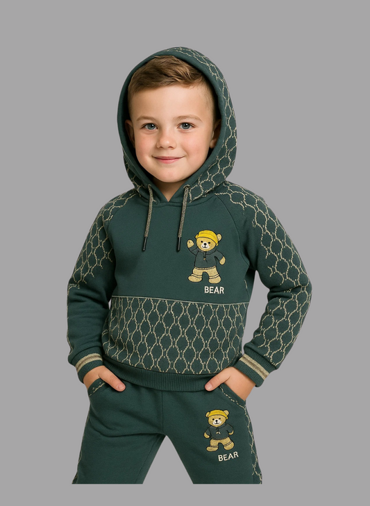 Kids Winter Hoodie – Army Green Bear Graphic with Patterned Hood Gray Color