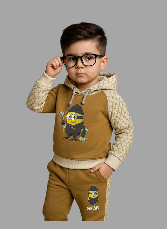 Kids Winter Hoodie – Beige Pattern Bear Graphic