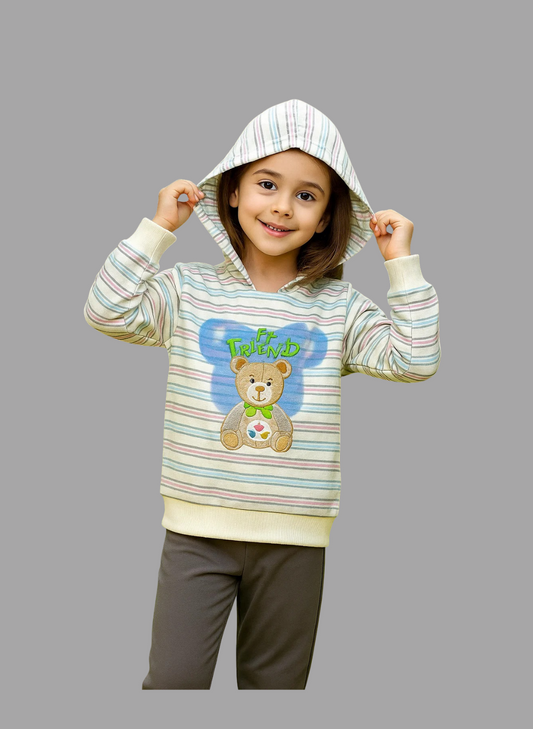 Kids Winter Hoodie – Striped Teddy Hoodie (Light Peach  Multi)