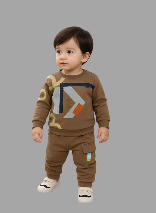 Kids Winter Sweatshirt – Coffee Brown Graphic Crew (1974 Print) 2Pc