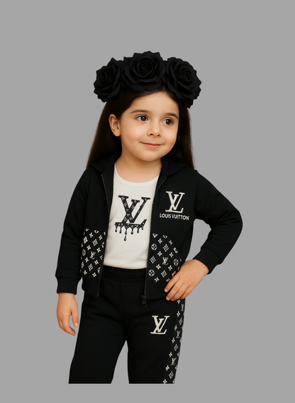 Kids Zip-Up Sweatshirt – Black Monogram-Style Jacket 3Pc
