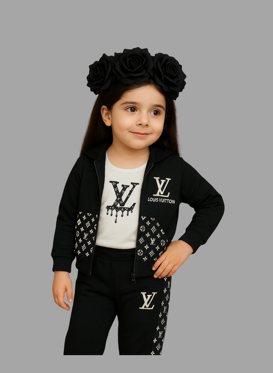 Kids Zip-Up Sweatshirt – Black Monogram-Style Jacket 3Pc