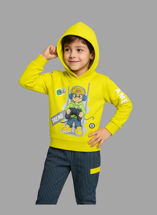 Kids Winter Hoodie – Neon Yellow Gamer Graphic 2PC