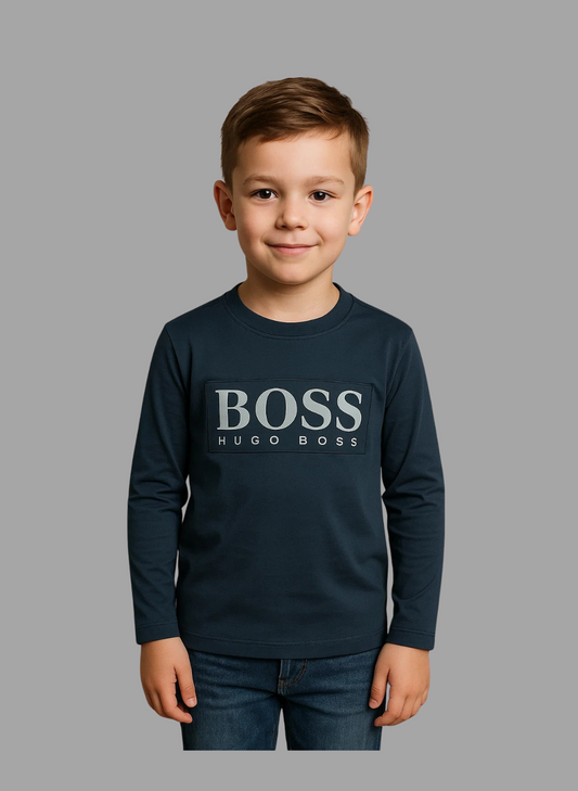Kids Winter Long-Sleeve Tee – Black “Boss” Print  | Warm & Comfy
