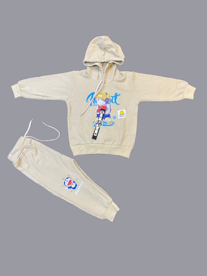 Kids Waffle Hoodie  Set – Light Khaki | 2 Pcs for Boys & Girls