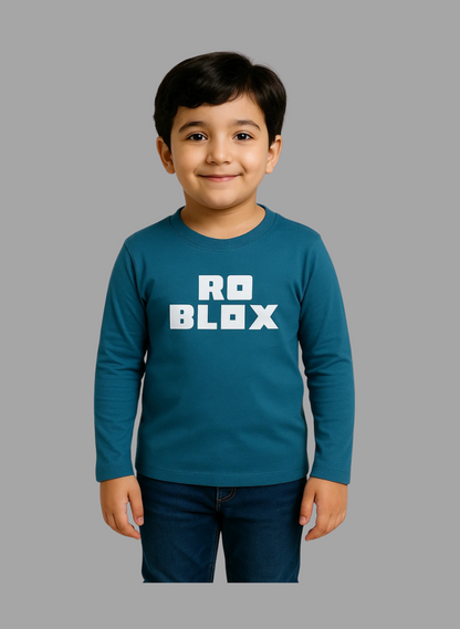 Kids Winter Long-Sleeve Tee – Teal “ROBLOX” Print  | Soft, Warm & Colorfast