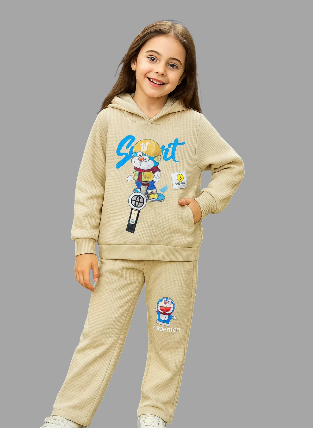 Kids Waffle Hoodie  Set – Light Khaki | 2 Pcs for Boys & Girls