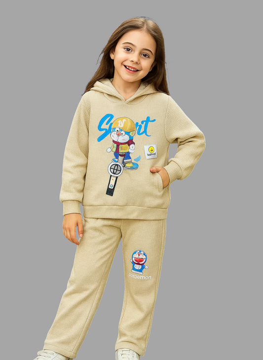 Kids Waffle Hoodie  Set – Light Khaki | 2 Pcs for Boys & Girls