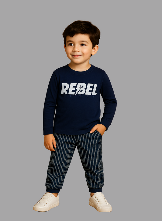 Kids Winter Long-Sleeve Tee – Navy “REBEL” Print | Warm & Comfy