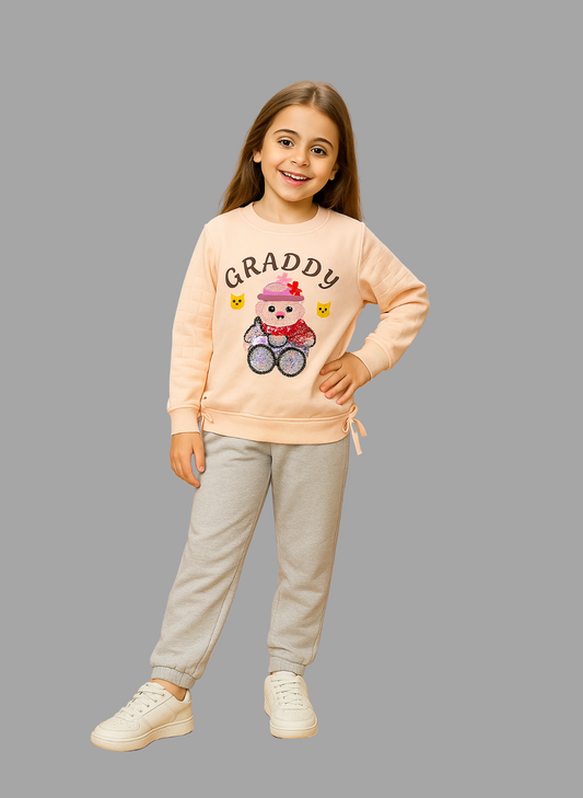 Girls Peach Teddy Graphic Sweatshirt “GRADDY” Shirt