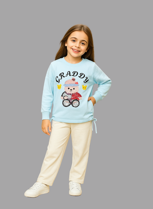 Girls Sky Blue Teddy Graphic Sweatshirt “GRADDY”